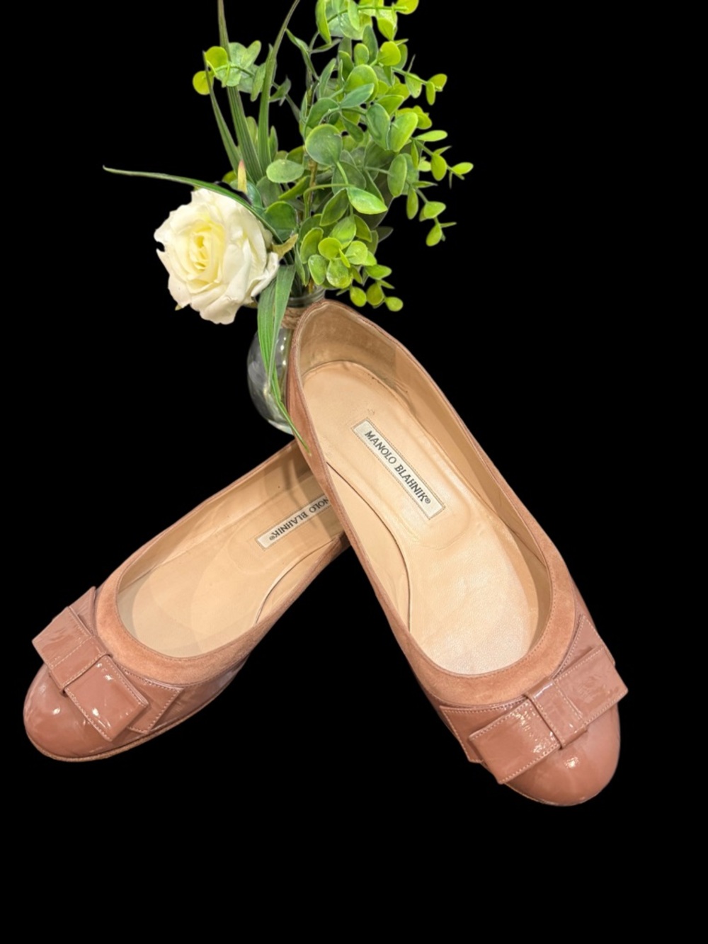 Vintage Manolo Blahnik Nude Pink Patent Cap Toe Ballet Flats with Bow Detail
